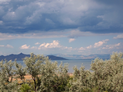 [Dark clouds overhead in the foreground while blue skies with white puffy clouds are in the background. Trees in the foreground partially cover the view of the lake, but the mountains darkened by the clouds are clearly visible in the distance. Other mountains are light colored as rain clouds do not cover them.]